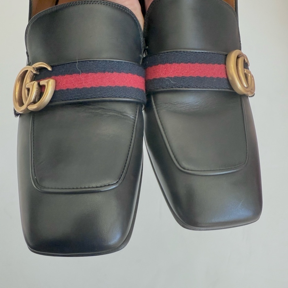 Gucci Black leather GG Web Pearl embellished Peyton loafers block heel EU 38 - Picture 4 of 11